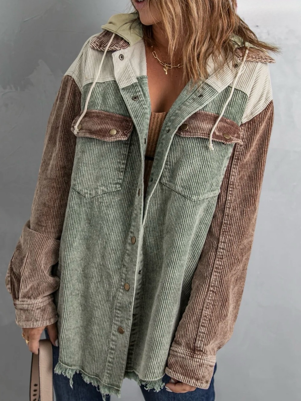 Charming Charlie Snap Front Hooded Green Brown Corduroy Shacket Ladies Medium